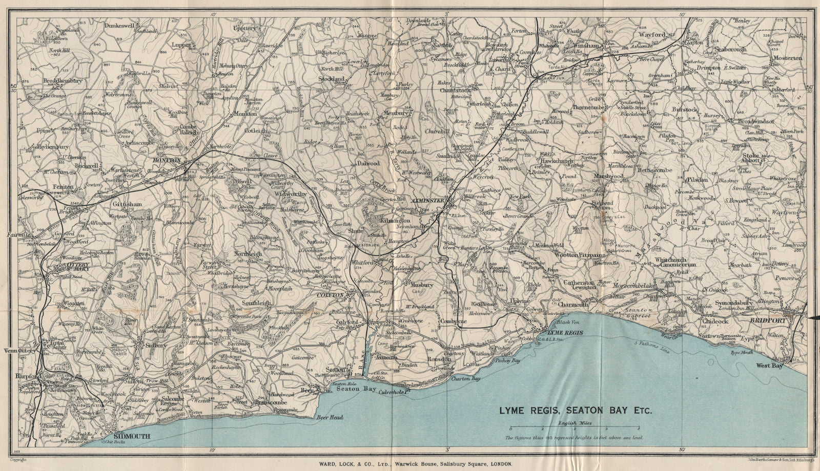 JURASSIC COAST Sidmouth Seaton Lyme Regis Bridport Honiton Dorset Devon 1938 map